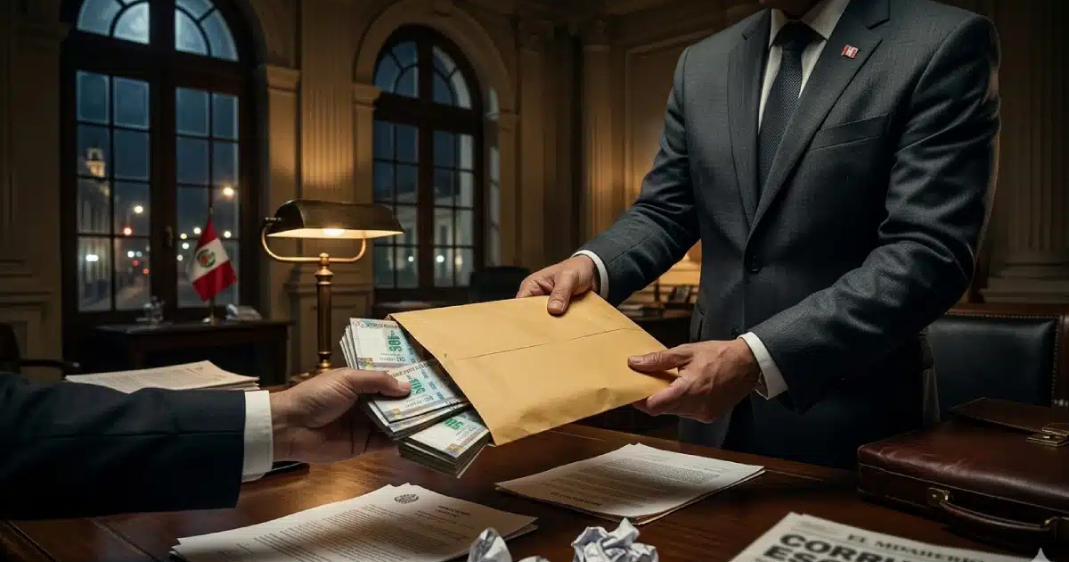 Un hombre en traje entregando un sobre de manila abierto lleno de billetes a otra persona en un escritorio de oficina